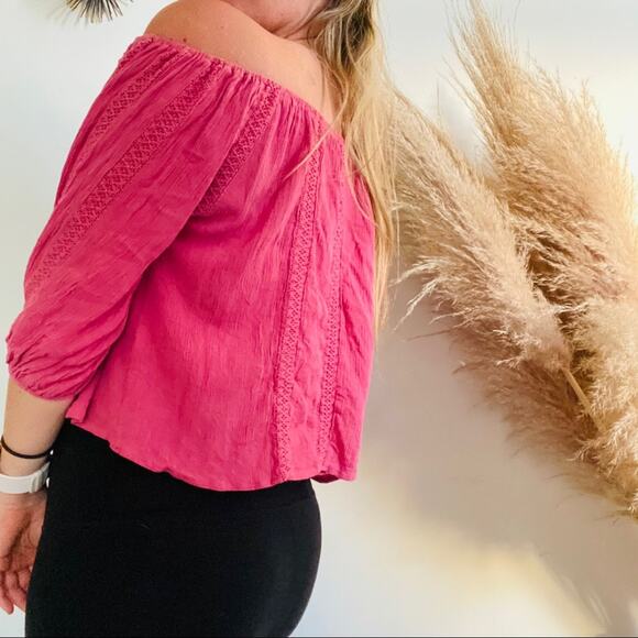 FOREVER 21 F21 Pink Crochet Off Shoulder Boxy Oversized Crop Top Shirt Blouse M - Picture 3 of 6